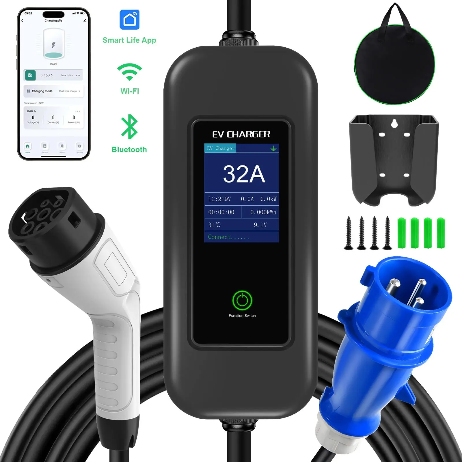 Portable EV Charger Type 2 8/10/13/16/32A Adjustable 3/3.5/7KW Type 2 EV Charger LED Display Electric Car Charger