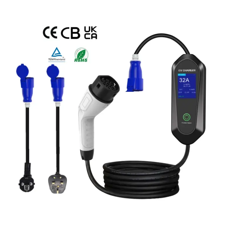 Type 2 Portable EV Charger 32A Current Adjustable with CEE EU UK power plug adapter